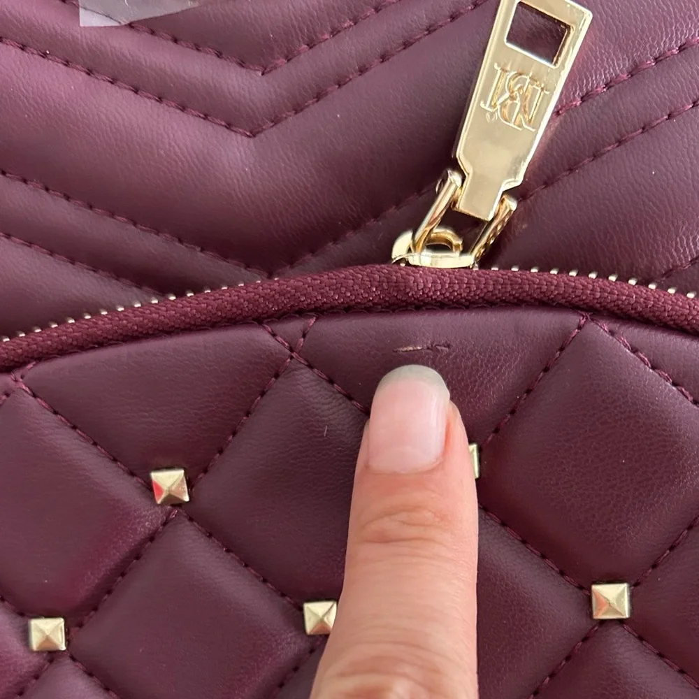 NWT BADGLEY MISCHKA Vegan Leather Plum & Gold Studded Backpack w Callout